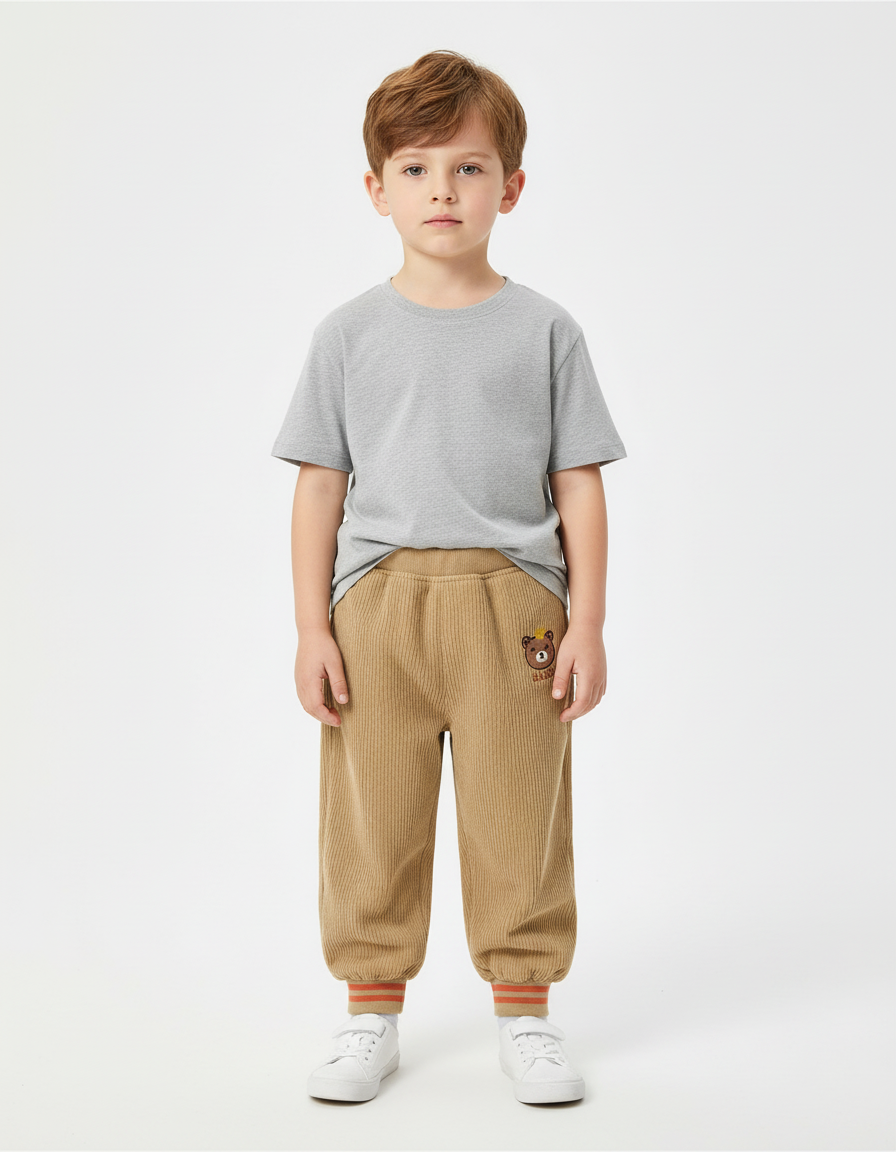 Pantalon Beige Côtelé Oursons Ample Décontracté Enfant - Cordé