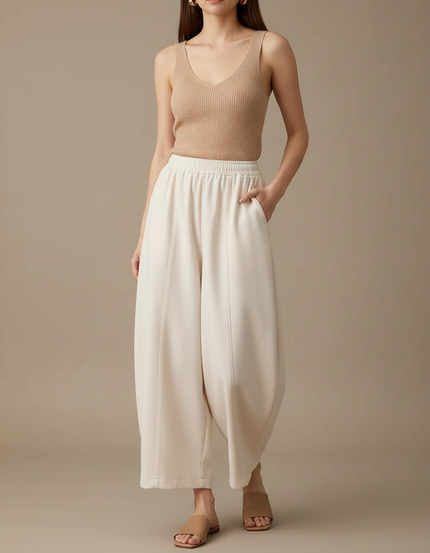 Pantalon Beige Ample Fluide Décontracté Femme - Maille