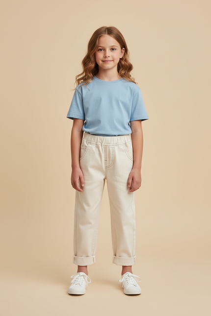 Pantalon Beige Coton Ample Décontracté Enfant Fille - Jean