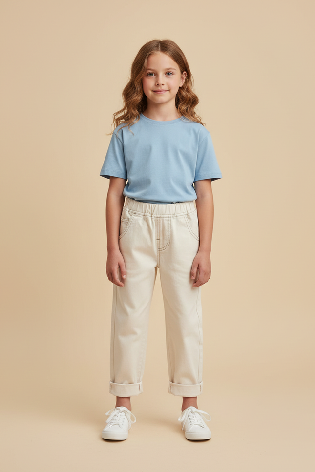 Pantalon Beige Coton Ample Décontracté Enfant Fille - Jean