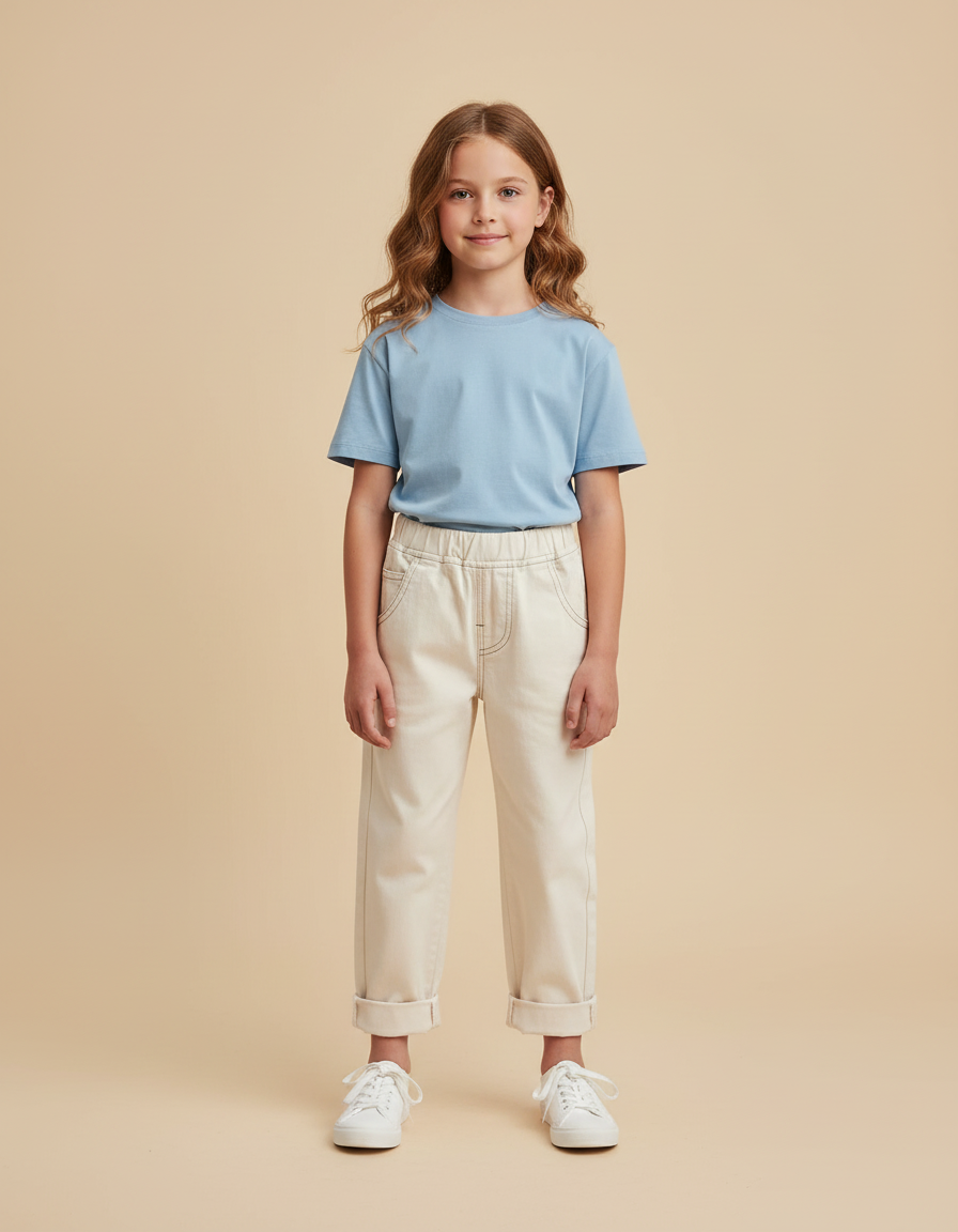 Pantalon Beige Coton Ample Décontracté Enfant Fille - Jean