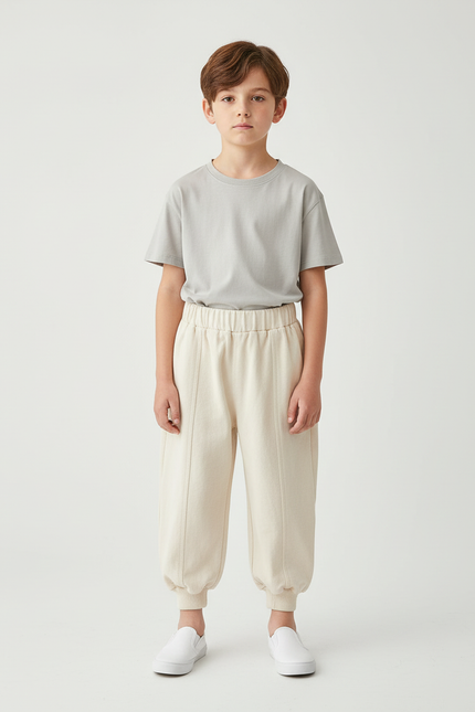 Pantalon Beige Molletonné Ample Confortable Élastique Garçon