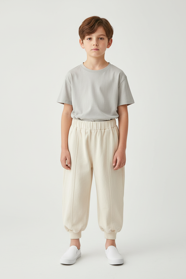 Pantalon Beige Molletonné Ample Confortable Élastique Garçon