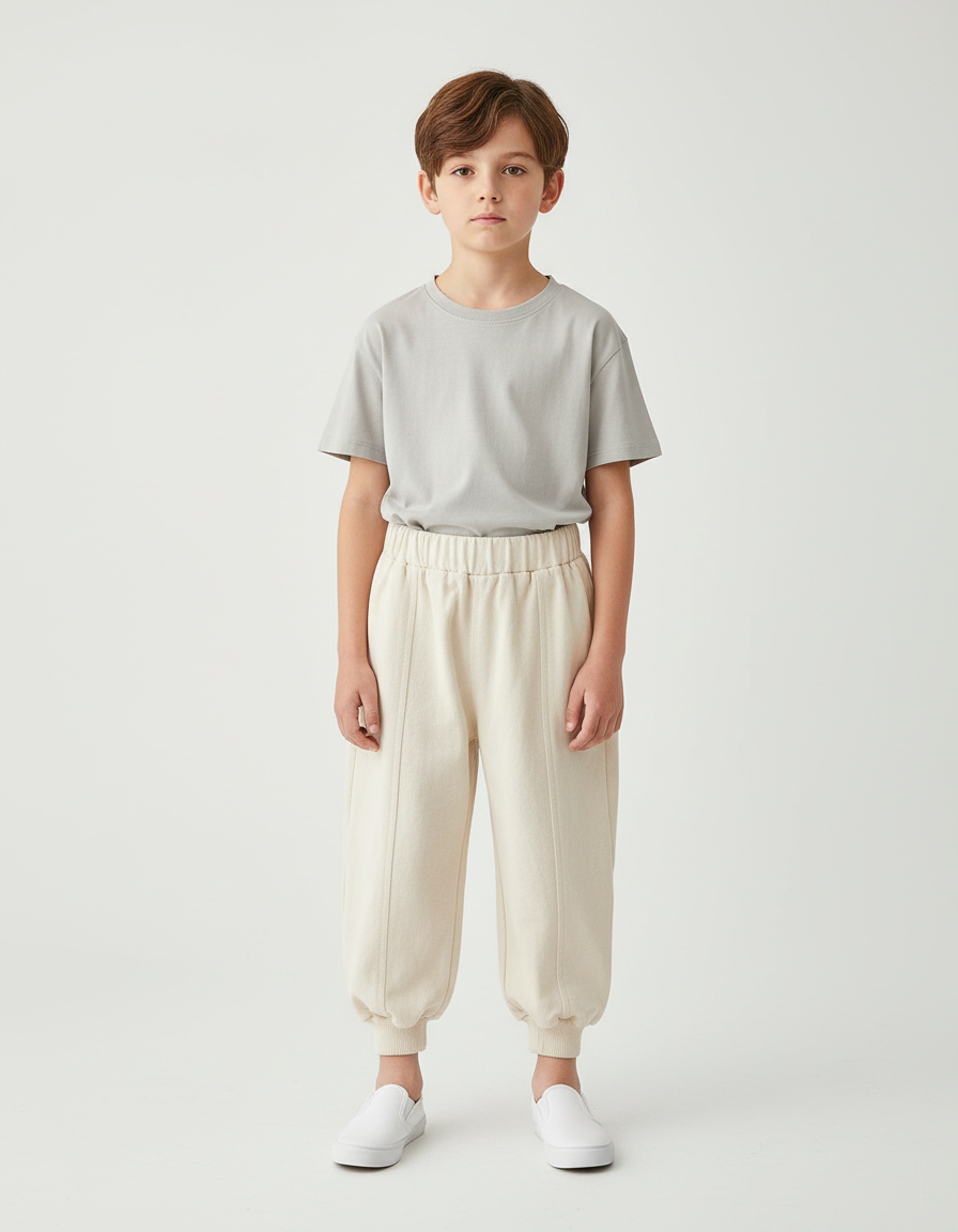 Pantalon Beige Molletonné Ample Confortable Élastique Garçon