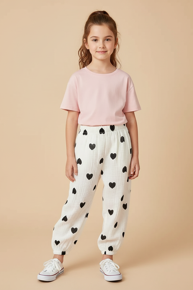 Pantalon Beige Coeurs Coton Ample Confort Enfant - Blanc