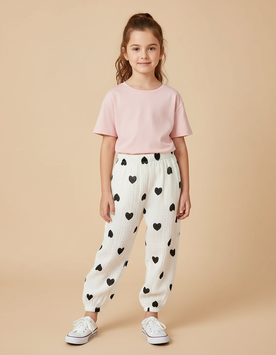 Pantalon Beige Coeurs Coton Ample Confort Enfant - Blanc