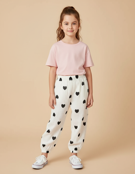 Pantalon Beige Coeurs Coton Ample Confort Enfant - Blanc