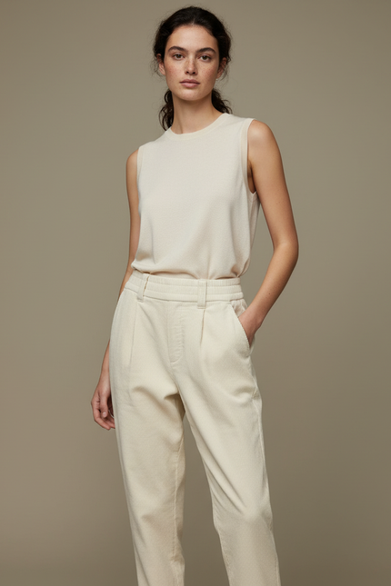 Pantalon Beige Côtelé Ample Décontracté Élastique Femme - Cordé