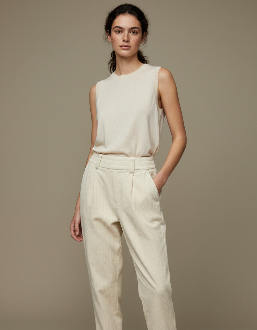 Pantalon Beige Côtelé Ample Décontracté Élastique Femme - Cordé