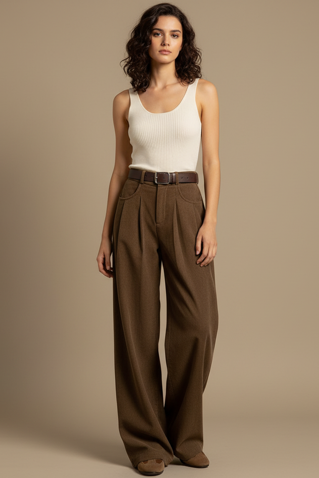 Pantalon Beige Large Plissé Droit Décontracté Femme - Marron Laine