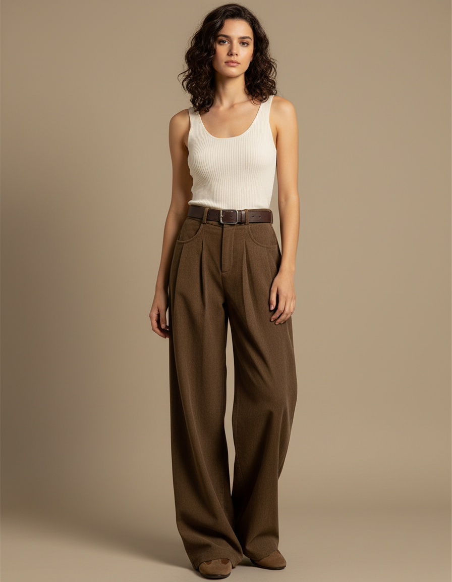 Pantalon Beige Large Plissé Droit Décontracté Femme - Marron Laine