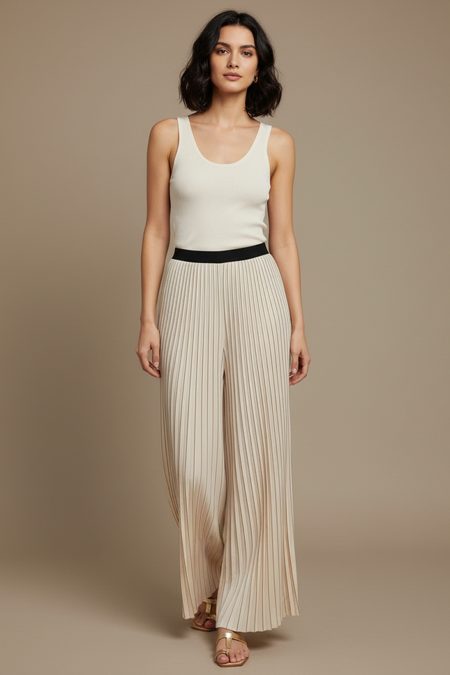 Pantalon Beige Plissé Fluide Décontracté Élégant - Maille