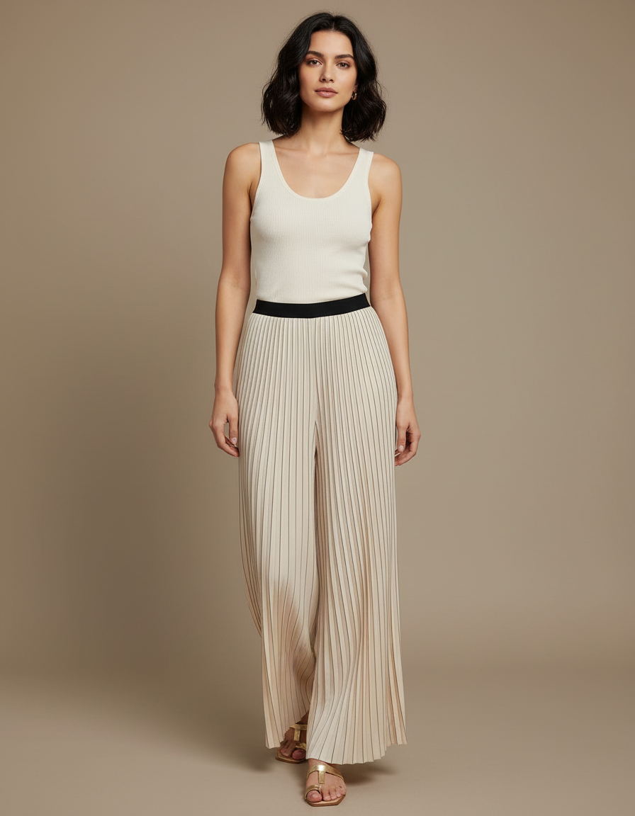 Pantalon Beige Plissé Fluide Décontracté Élégant - Maille