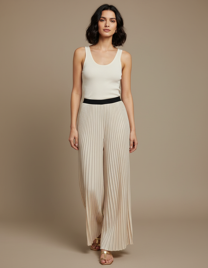 Pantalon Beige Plissé Fluide Décontracté Élégant - Maille