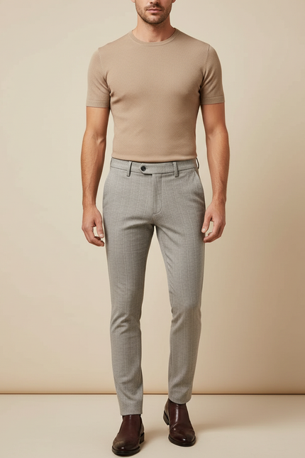 Pantalon Beige Homme Slim Motif Carreaux Élégant - Gris Polyester