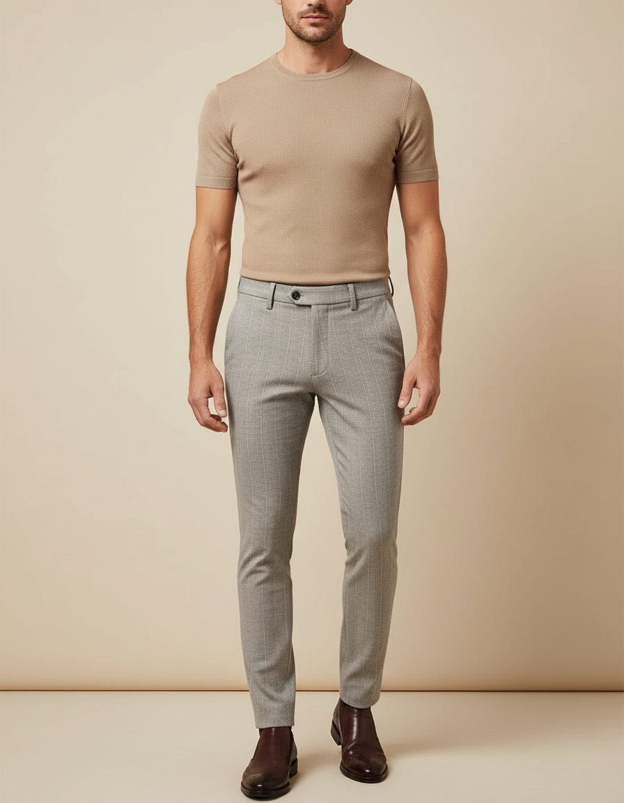Pantalon Beige Homme Slim Motif Carreaux Élégant - Gris Polyester