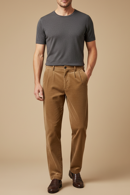 Pantalon Beige Côtelé Plissé Droit Homme Décontracté - Camel Cordé