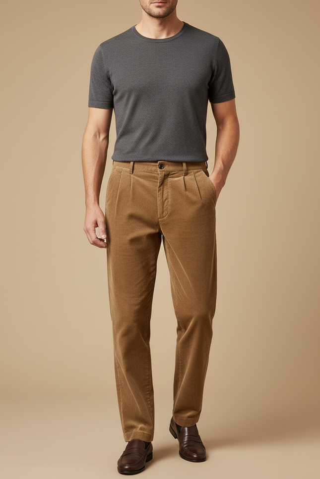 Pantalon Beige Côtelé Plissé Droit Homme Décontracté - Camel Cordé