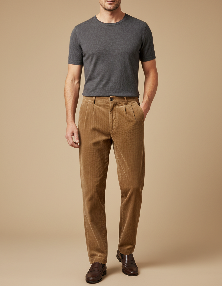 Pantalon Beige Côtelé Plissé Droit Homme Décontracté - Camel Cordé