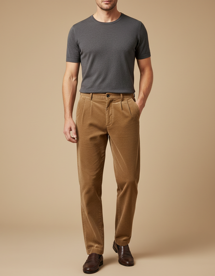Pantalon Beige Côtelé Plissé Droit Homme Décontracté - Camel Cordé