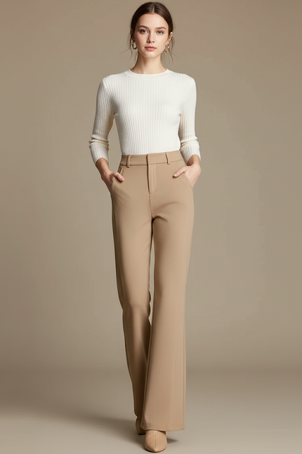 Pantalon Beige Fluide Taille Haute Jambe Évasée Élégant - Polyester