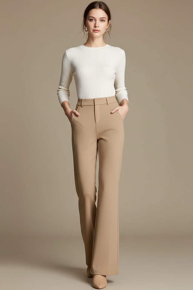 Pantalon Beige Fluide Taille Haute Jambe Évasée Élégant - Polyester