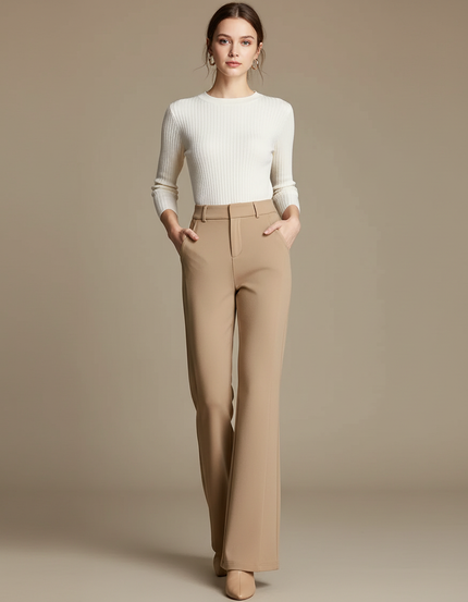 Pantalon Beige Fluide Taille Haute Jambe Évasée Élégant - Polyester