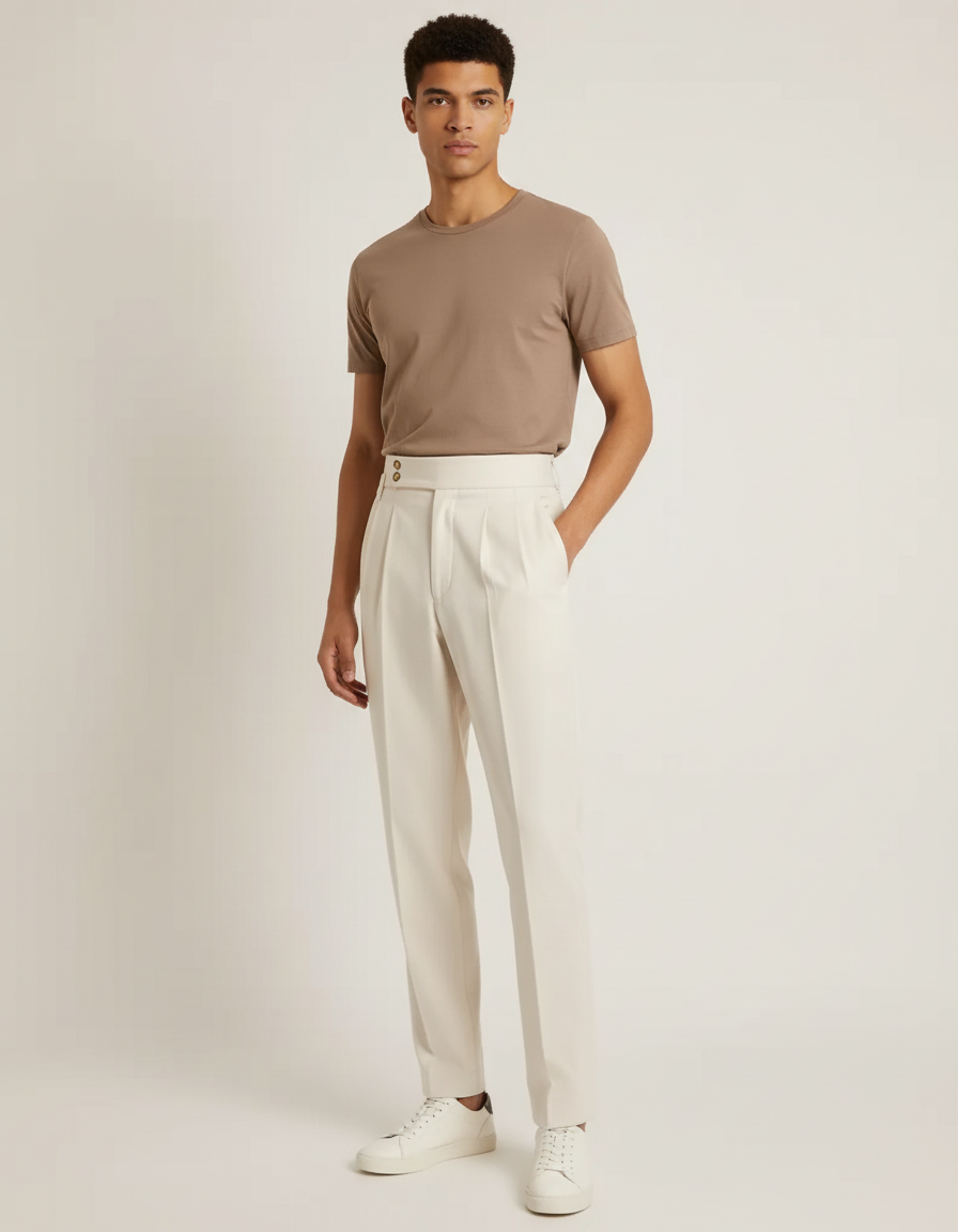 Pantalon Taille Haute Homme Beige - Gabardine