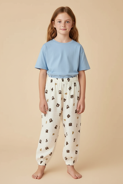Pantalon Beige Oursons Ample Coton Décontracté Enfant