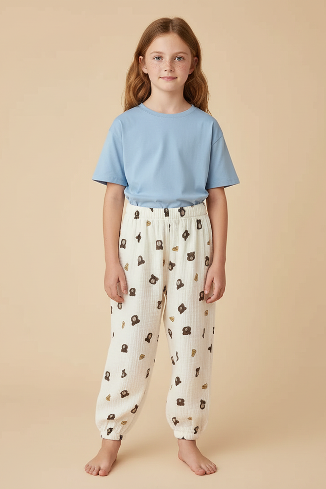 Pantalon Beige Oursons Ample Coton Décontracté Enfant
