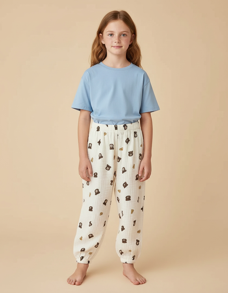 Pantalon Beige Oursons Ample Coton Décontracté Enfant