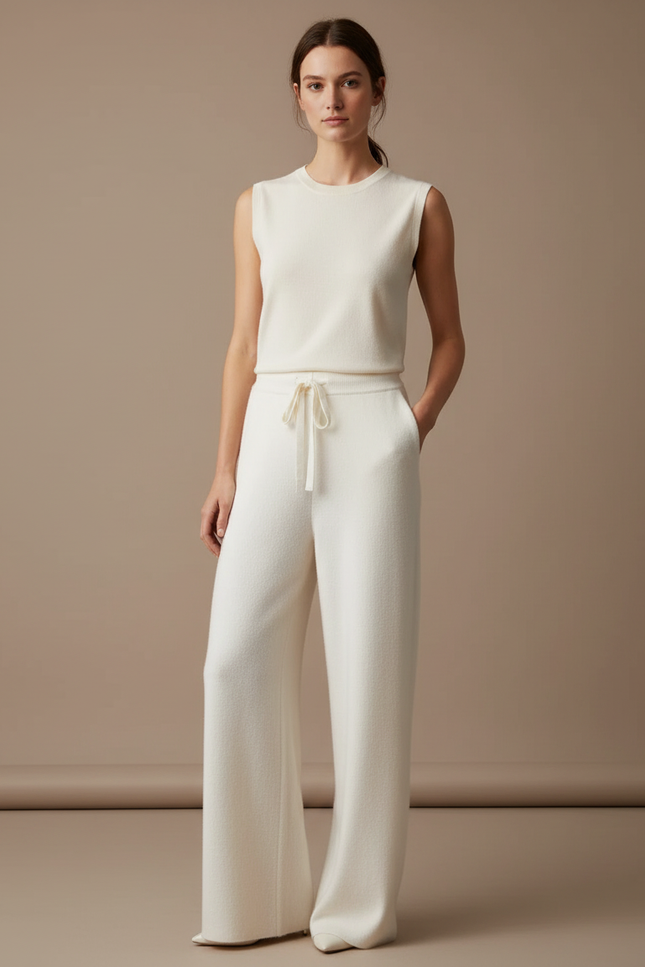 Pantalon Beige Ample Tricoté Cordon De Serrage Femme - Blanc Maille