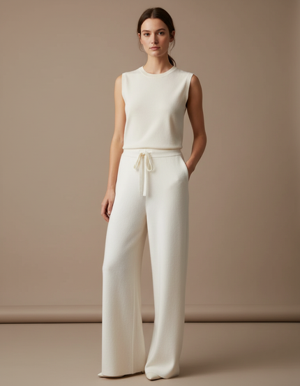 Pantalon Beige Ample Tricoté Cordon De Serrage Femme - Blanc Maille