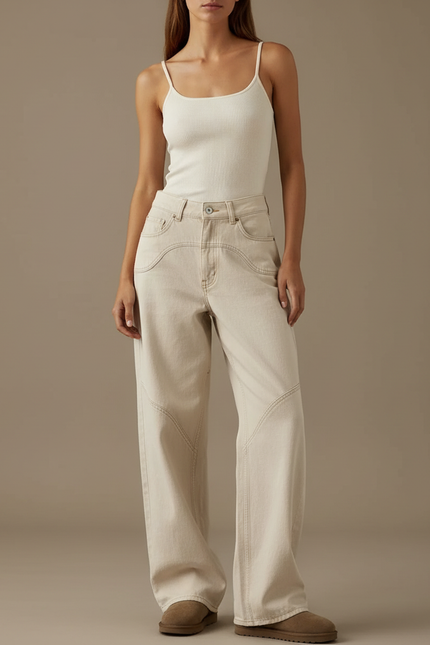 Pantalon Beige Jean Large Taille Haute Décontracté