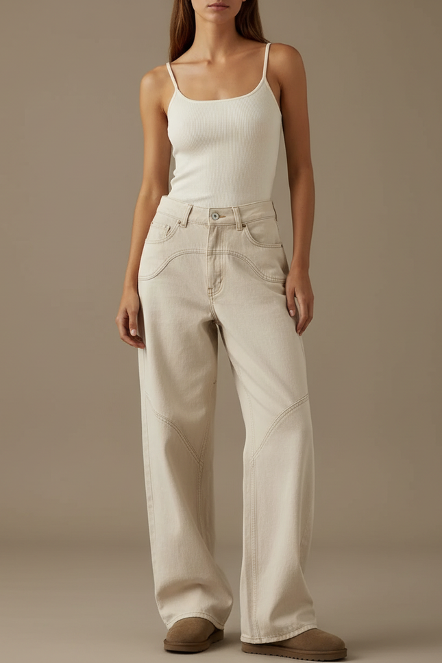Pantalon Beige Jean Large Taille Haute Décontracté