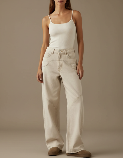 Pantalon Beige Jean Large Taille Haute Décontracté