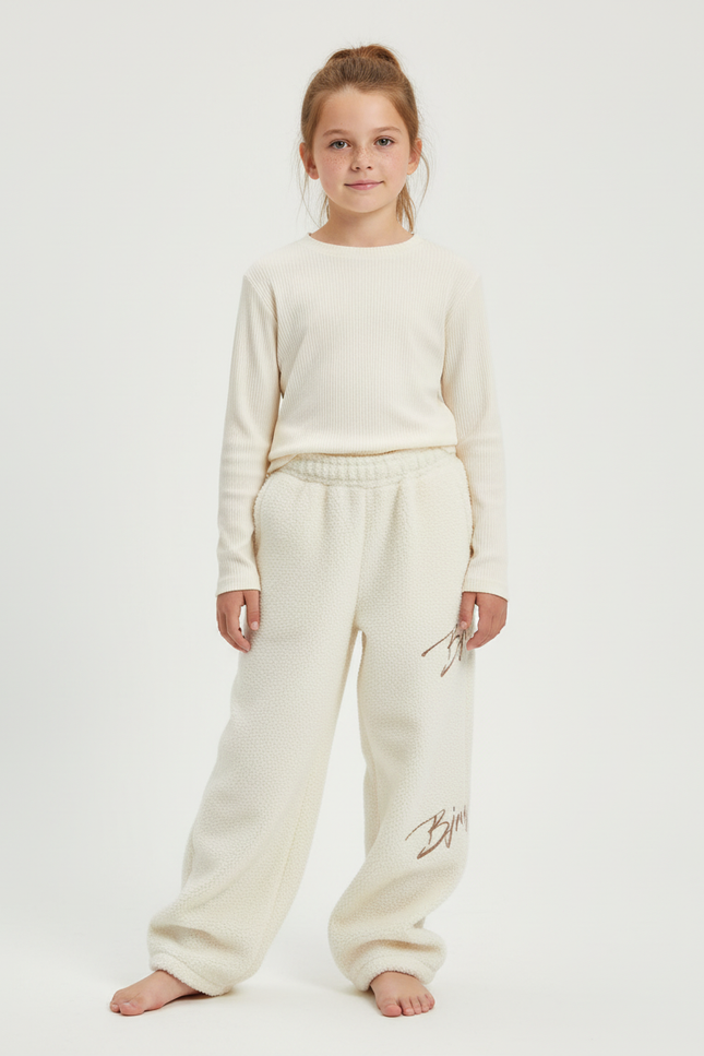 Pantalon Beige Polaire Brodé Ample Décontracté Fille - Molleton