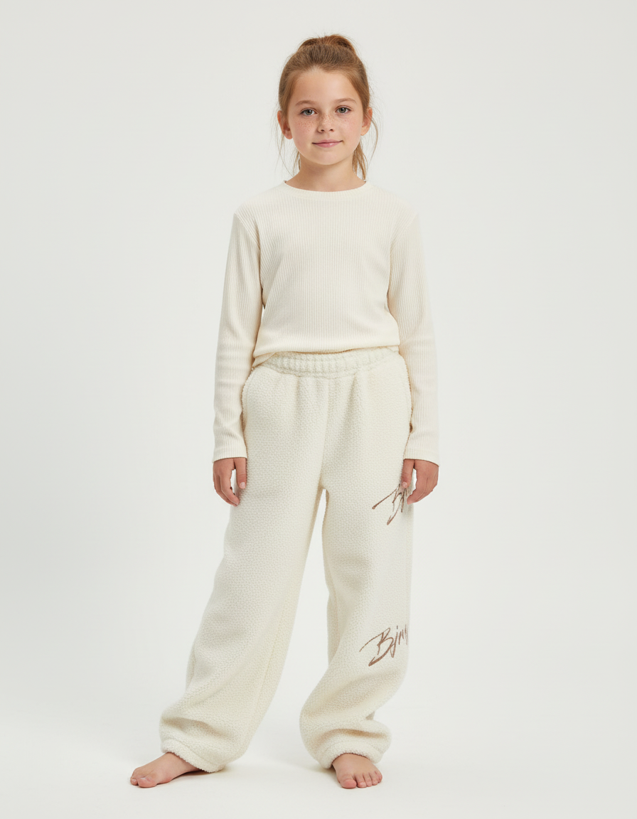 Pantalon Beige Polaire Brodé Ample Décontracté Fille - Molleton