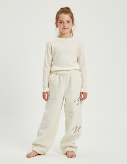 Pantalon Beige Polaire Brodé Ample Décontracté Fille - Molleton