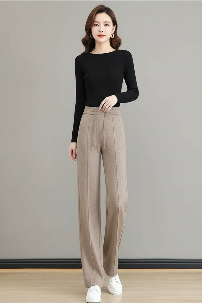 Pantalon Beige Épais Velours Large Décontracté Hiver