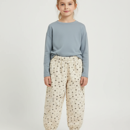 Pantalon Beige Floral Côtelé Harem Fille Coton - Cordé