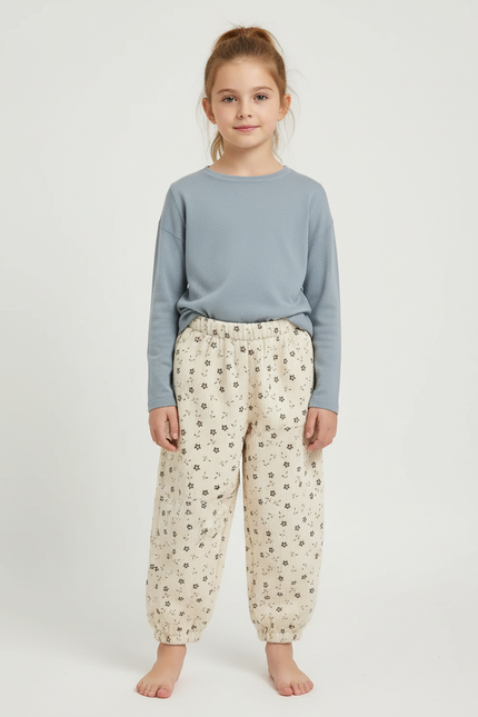 Pantalon Beige Floral Côtelé Harem Fille Coton - Cordé