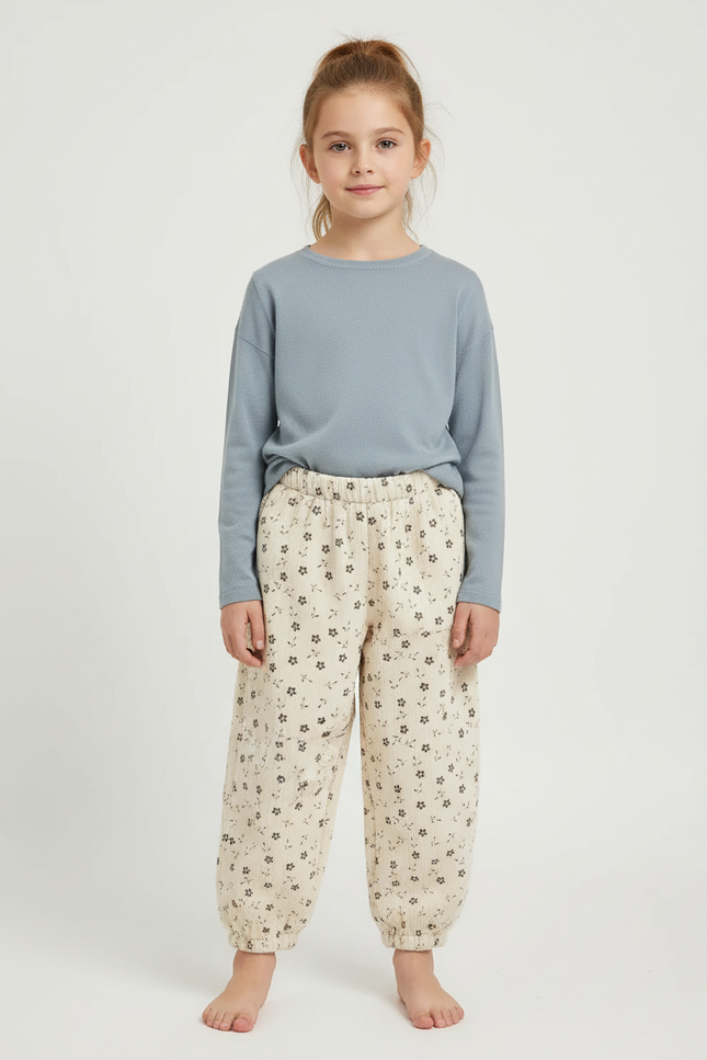 Pantalon Beige Floral Côtelé Harem Fille Coton - Cordé