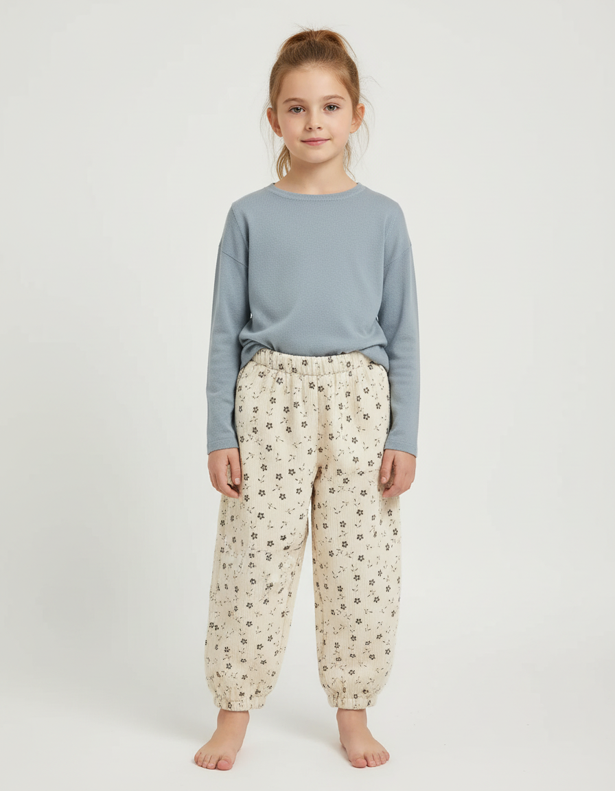 Pantalon Beige Floral Côtelé Harem Fille Coton - Cordé