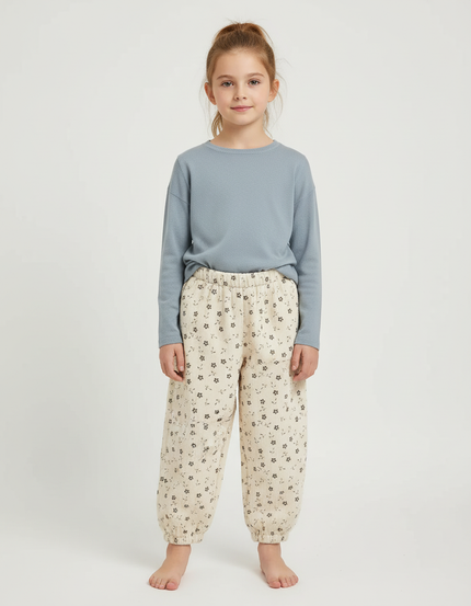 Pantalon Beige Floral Côtelé Harem Fille Coton - Cordé