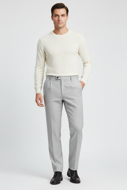 Pantalon Beige Homme Élégant Plissé Droit Décontracté - Gris Laine