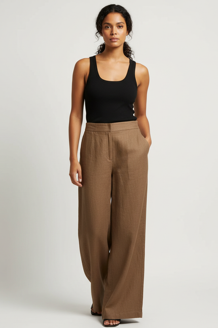Pantalon Beige Large Fluide Lin Taille Haute