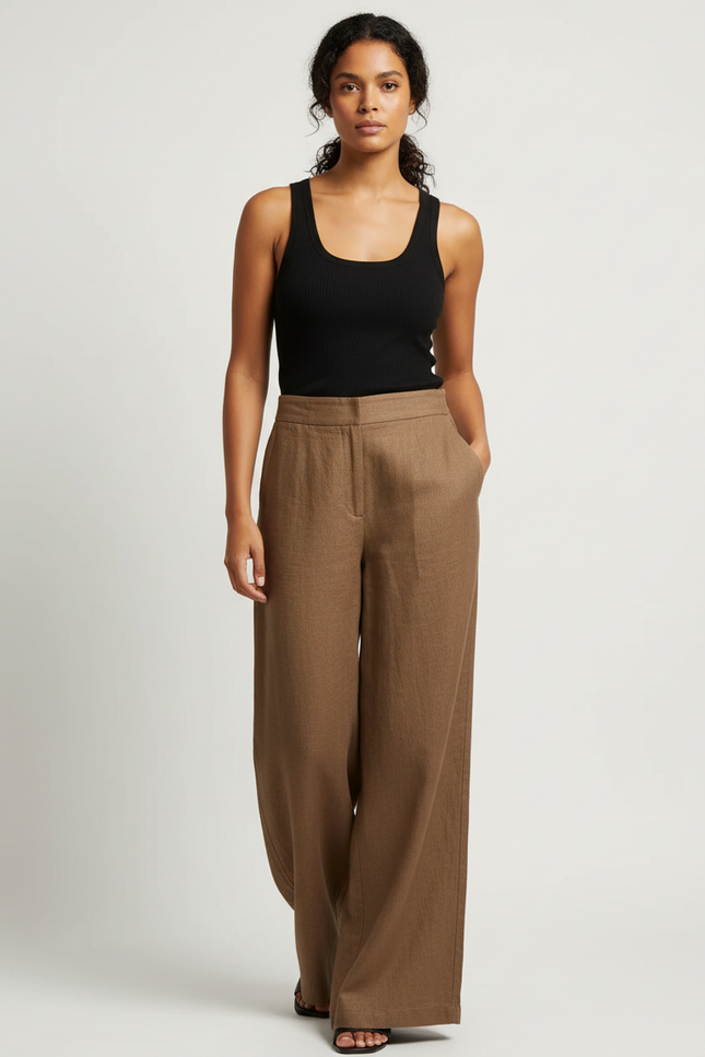 Pantalon Beige Large Fluide Lin Taille Haute