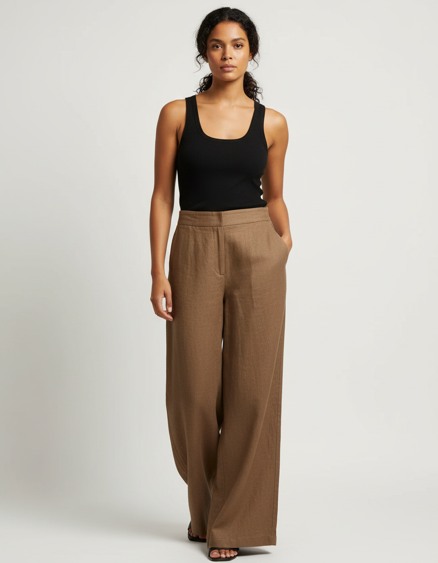 Pantalon Beige Large Fluide Lin Taille Haute