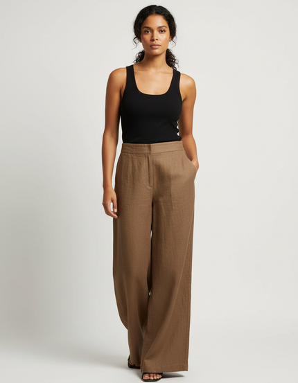 Pantalon Beige Large Fluide Lin Taille Haute
